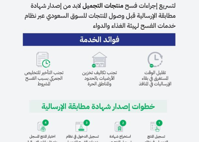"الغذاء والدواء": إمكانية إصدار شهادة مطابقة الإرسالية عبر نظام خدمات الفسح من بلد الشحن في قطاع التجميل