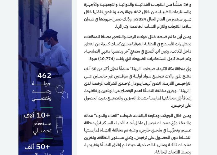"الغذاء والدواء" تضبط أكثر من 10 آلاف مستحضر تجميلي و50 ألف منتج طبي خلال 462 جولة رصد وتقصٍّ في سبتمبر