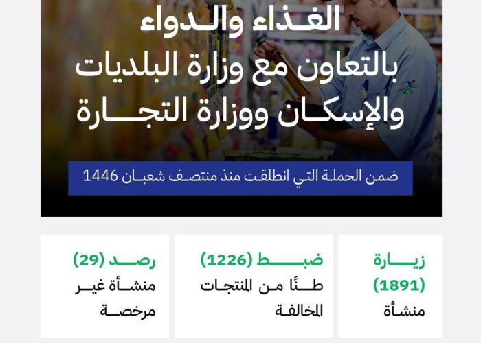 "الغذاء والدواء" بالتعاون مع "البلديات والإسكان" و"التجارة" تكثّف الرقابة في مكة المكرمة والمدينة المنورة لضمان سلامة المنتجات خلال رمضان واستعدادًا لموسم الحج